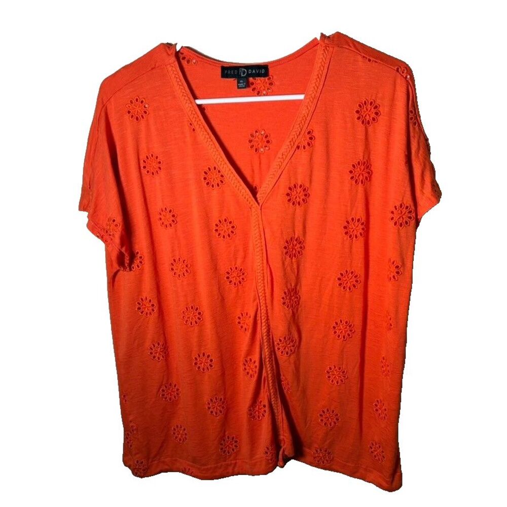 Fred David Blouse Women's XL Orange Eyelet Short Sleeve V-Neck Shirt Top